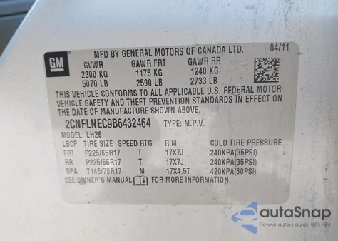 2011 Chevrolet Equinox 2Lt from USA, damaged, VIN 2CNFLNEC9B6432464